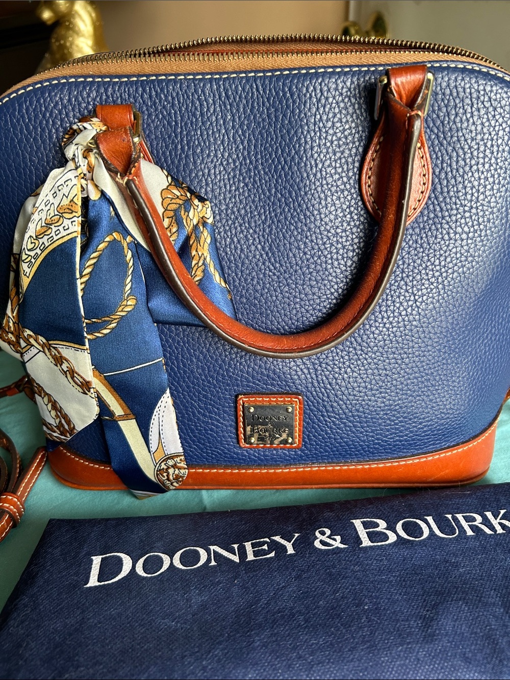 Dooney & Bourke midnight blue Pebble Leather zip, zip Satchel with tan Trim